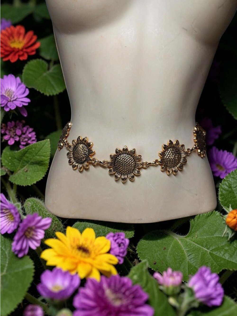 Gold Tone Chain Belt Sunflowers Chunky Jewelry Statement up to 38" Summer Spring - Picture 12 of 13